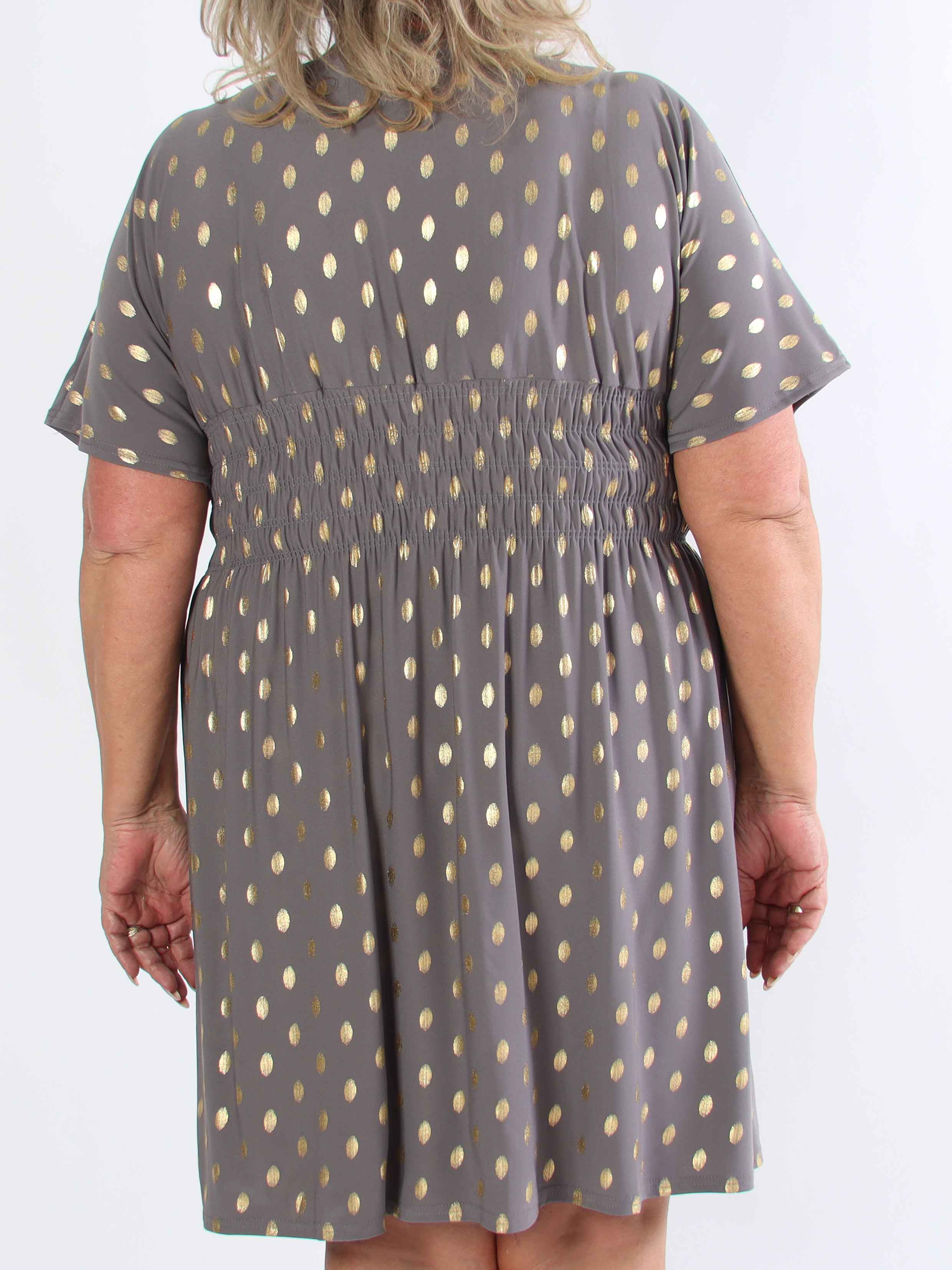 Pams Dot Short - Plus size elastisk kjole med guld prikker